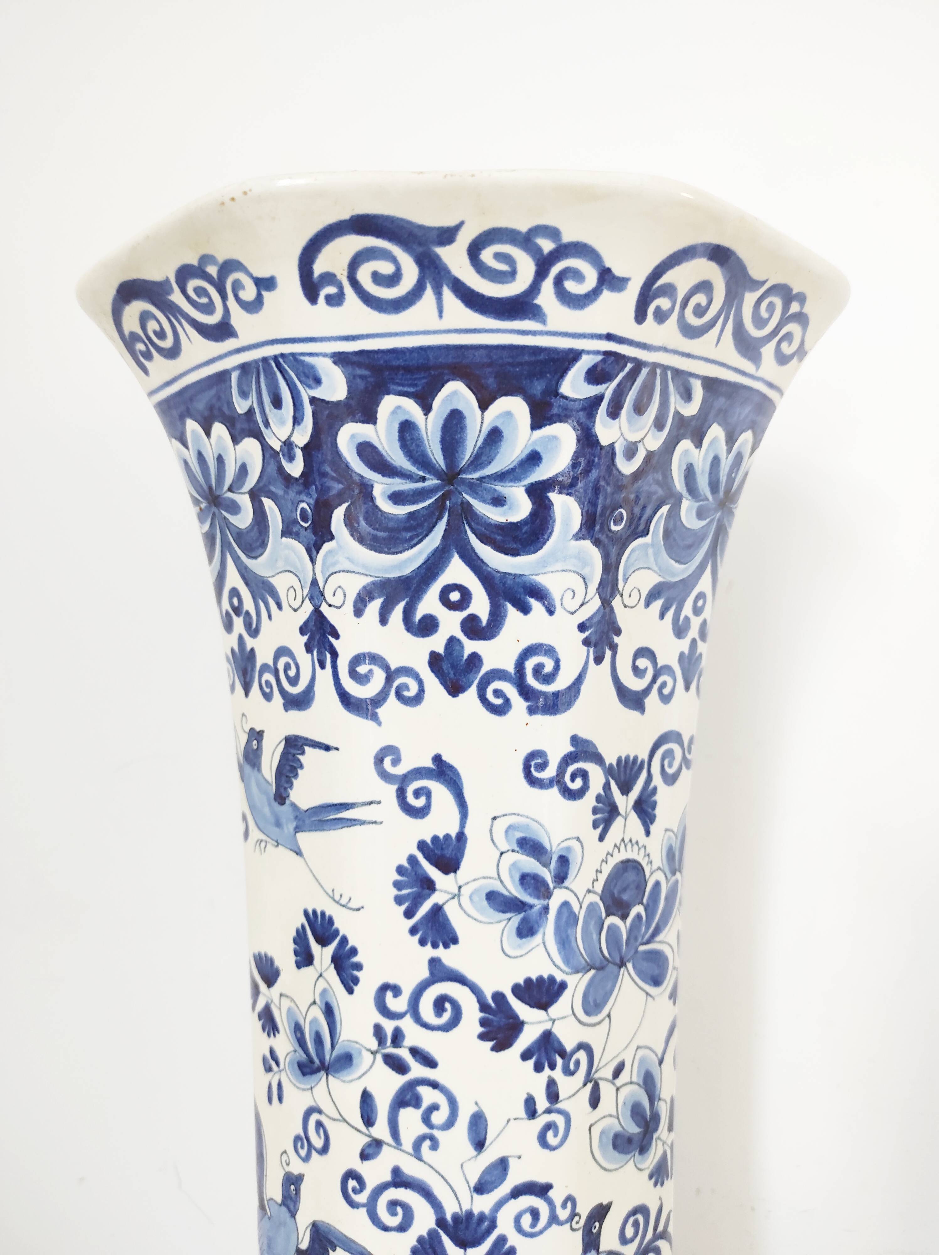 Octagonal vase blue birds BFK Boch Frères Kéramis 42 cm