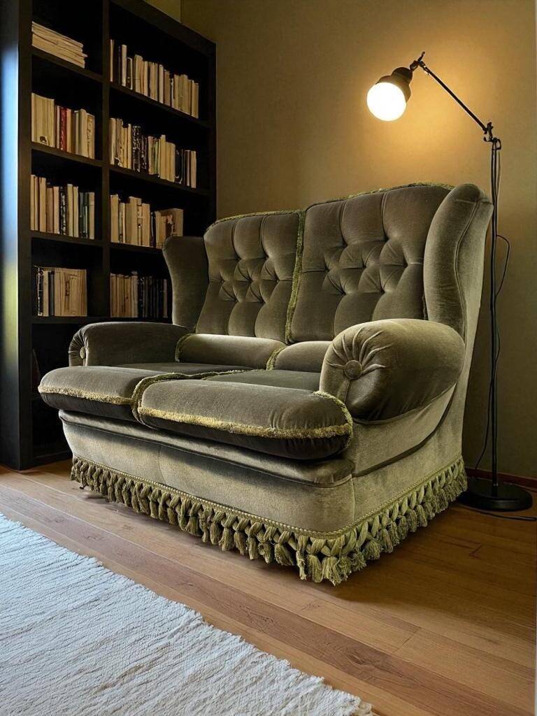 Vintage green two-seater sofa with fringes