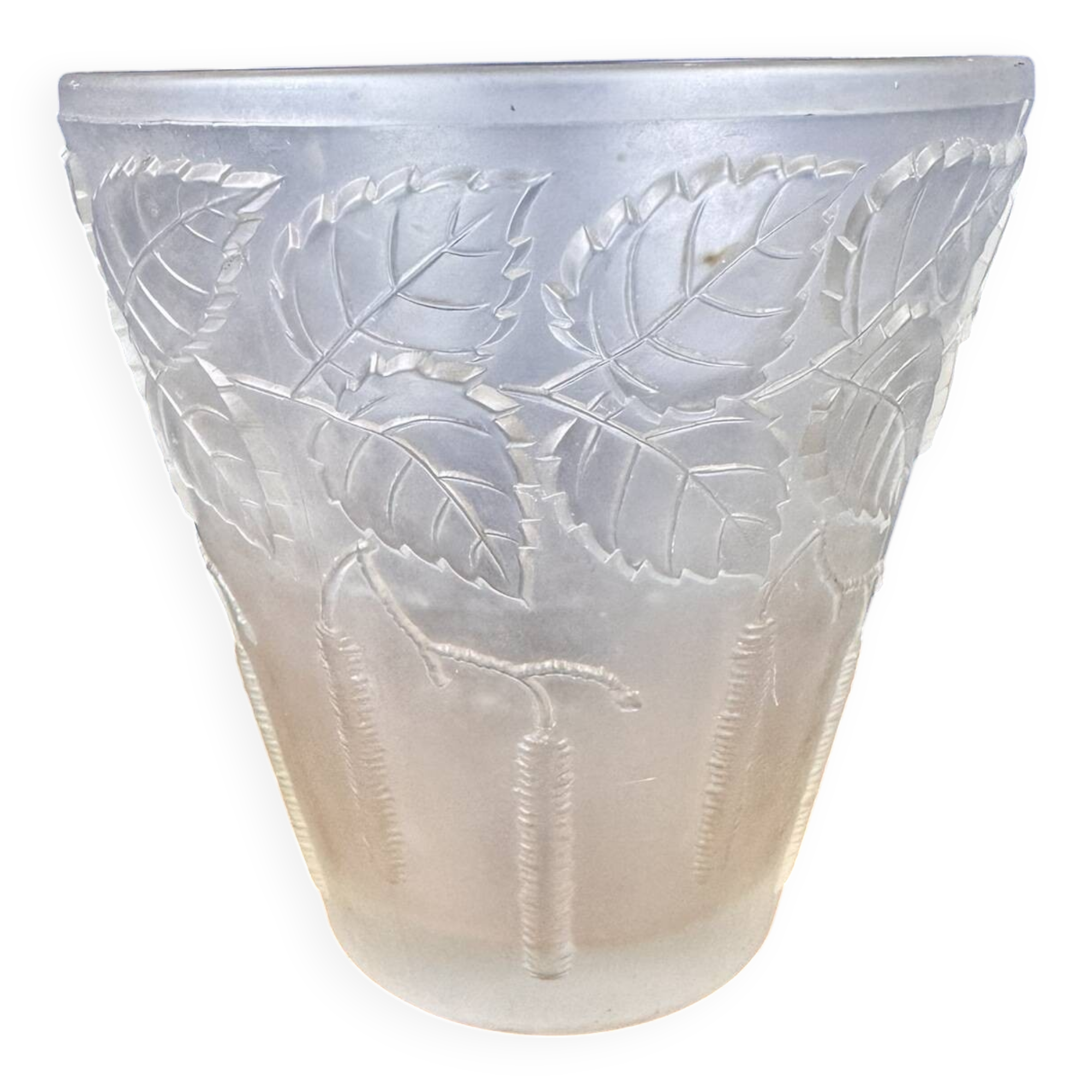 Superb Art Nouveau vase in frosted molded pressed glass with foliage decorations