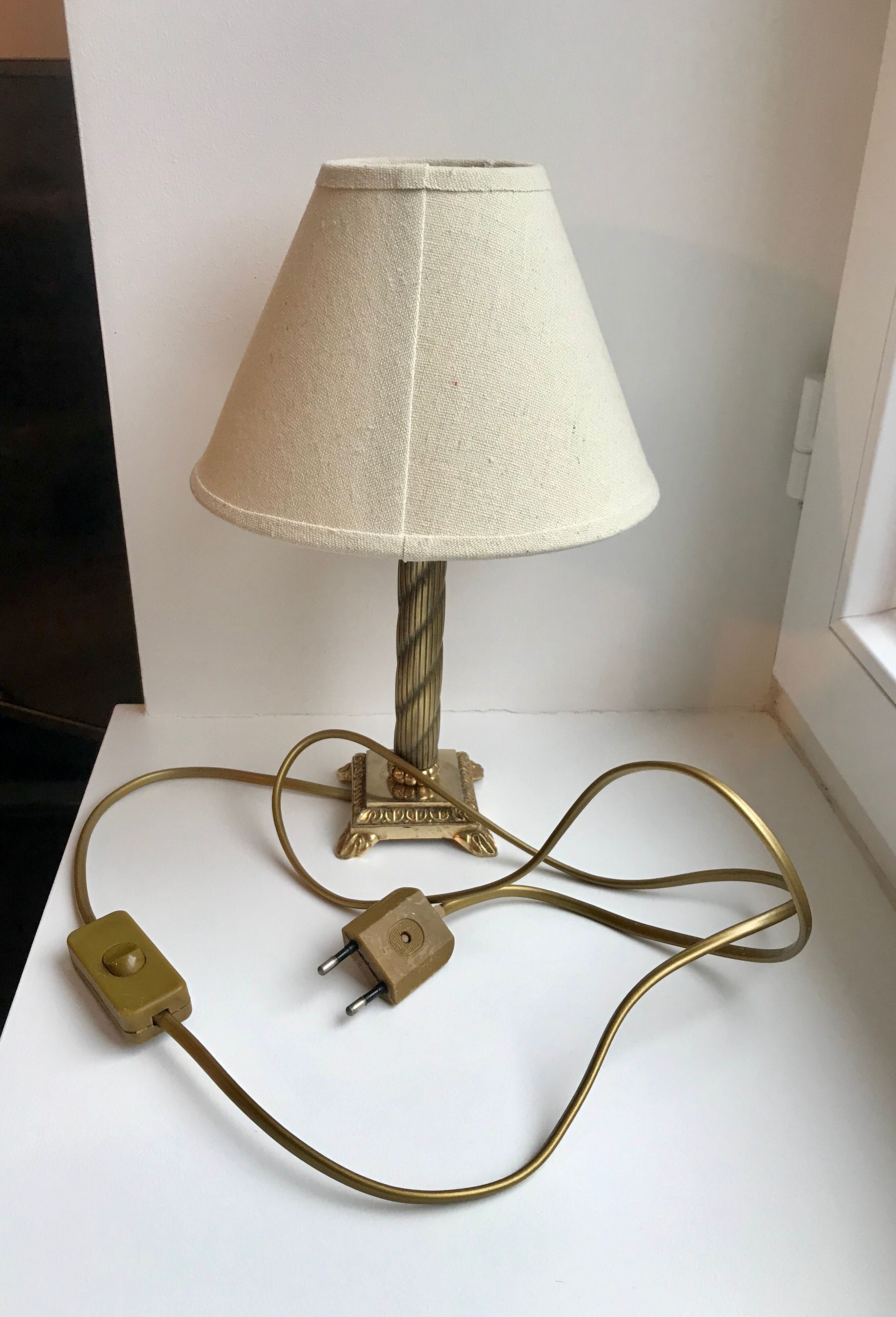 Brass table lamp and linen lampshade 50s