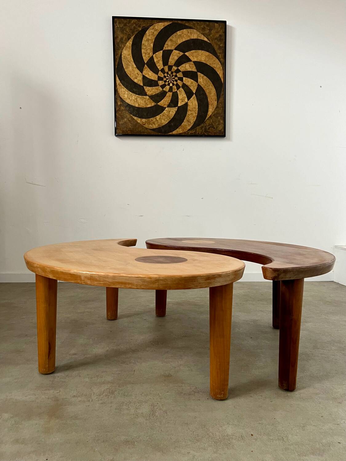 Solid wood coffee table with 2 Yin and Yang elements vintage 60s