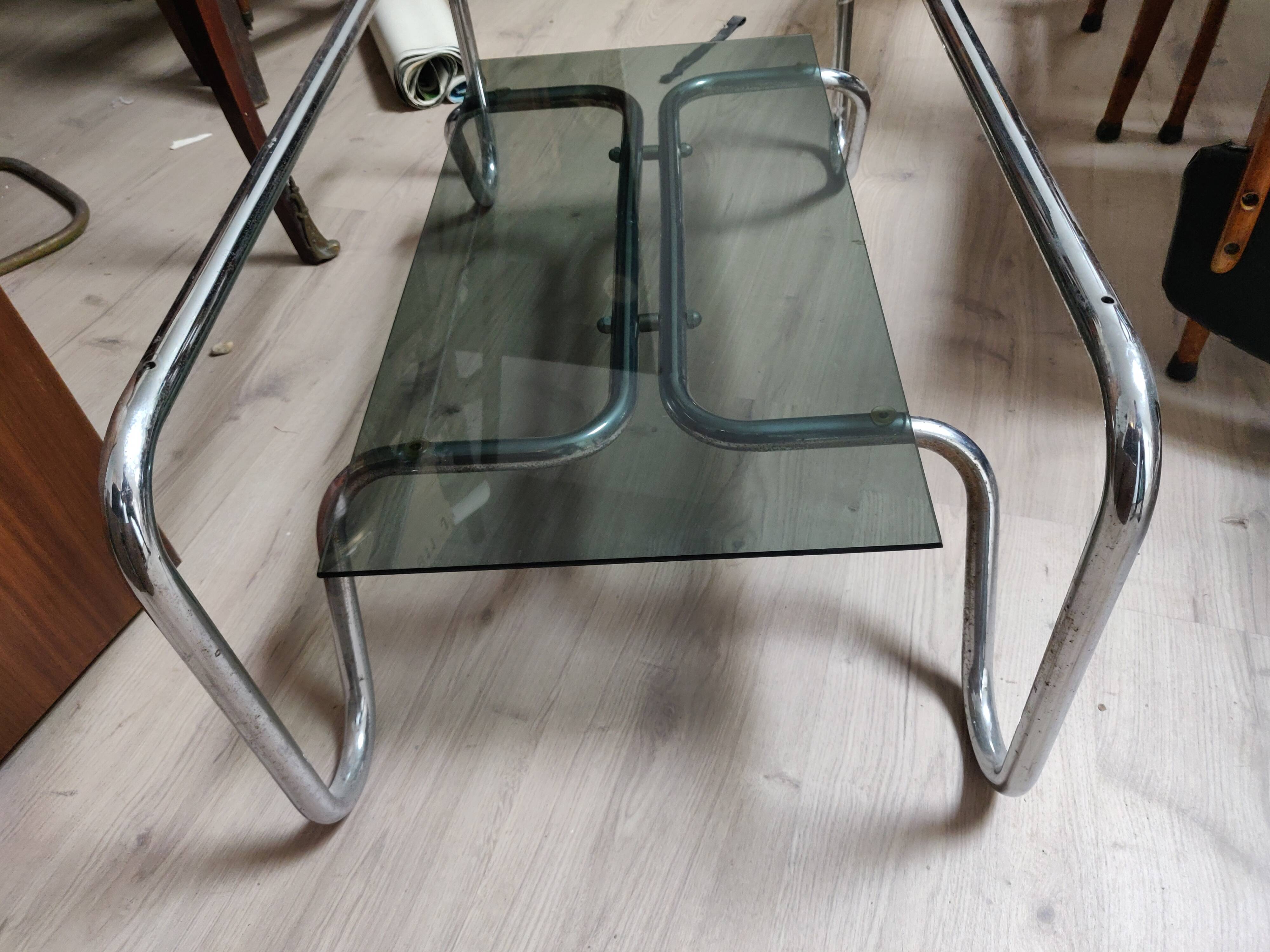 Coffee table in chrome metal and smoked glass design from the 70s