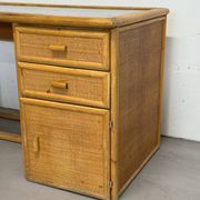 Vintage bamboo and woven rattan desk — glass top