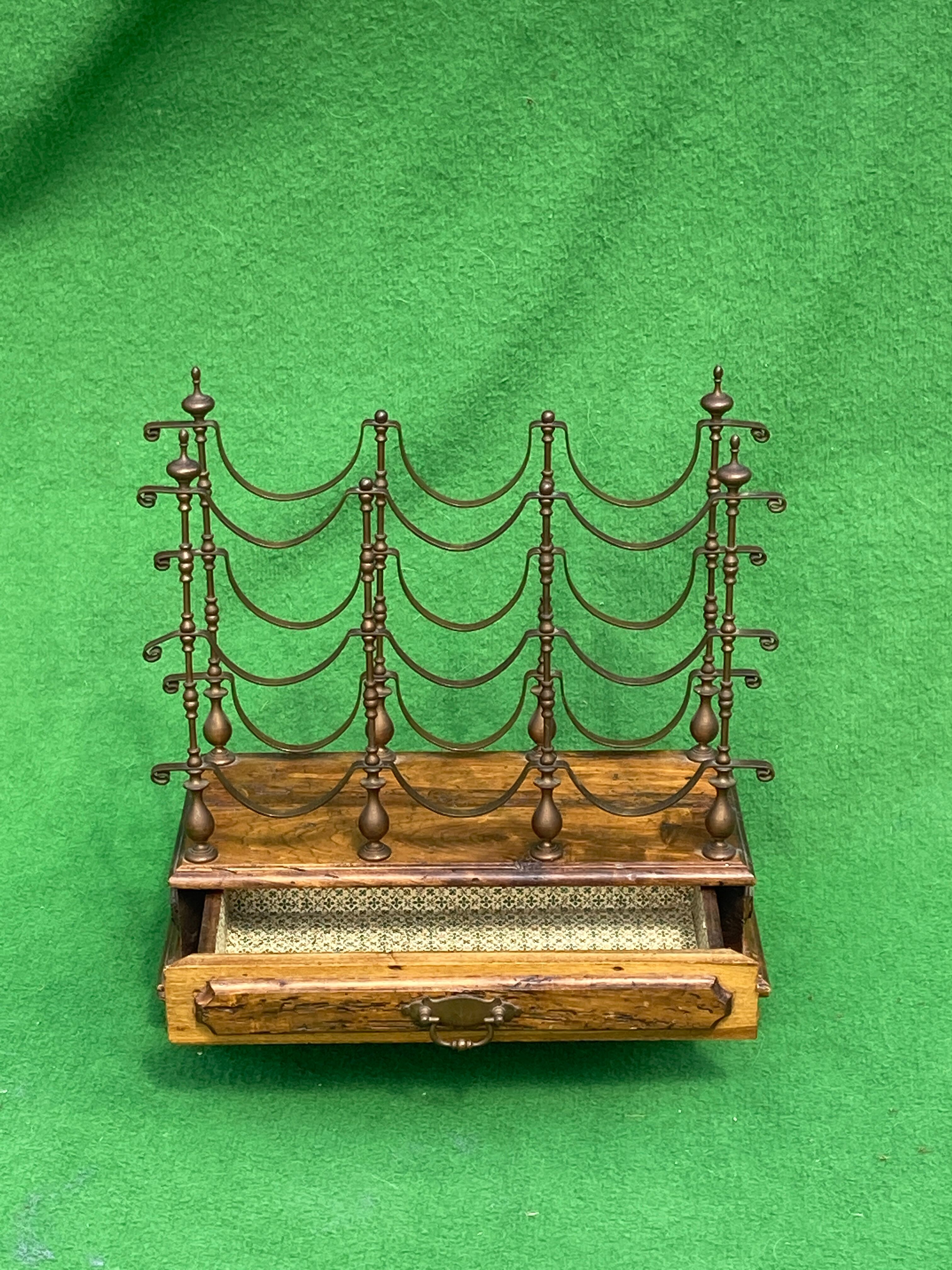 1950s Italian brass and wood wine rack with drawer