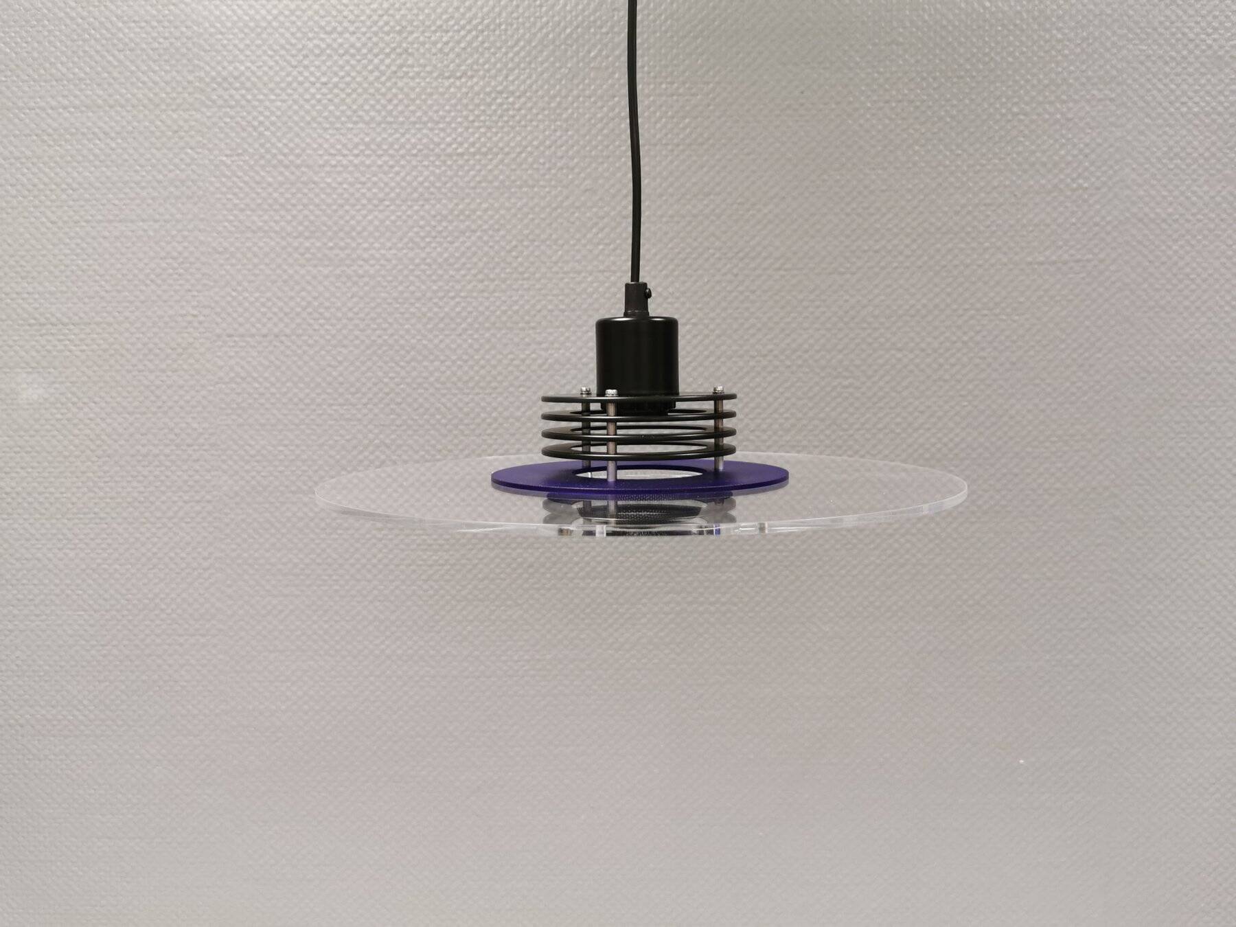 Danish space-age hanging lamp in transparent and blue plexi with black metal 1980s