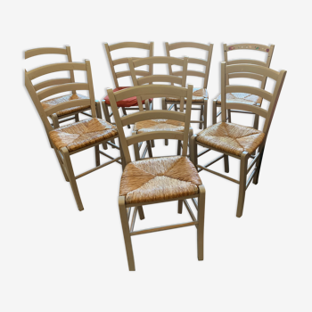 Set of 8 Antique wood and straw chairs