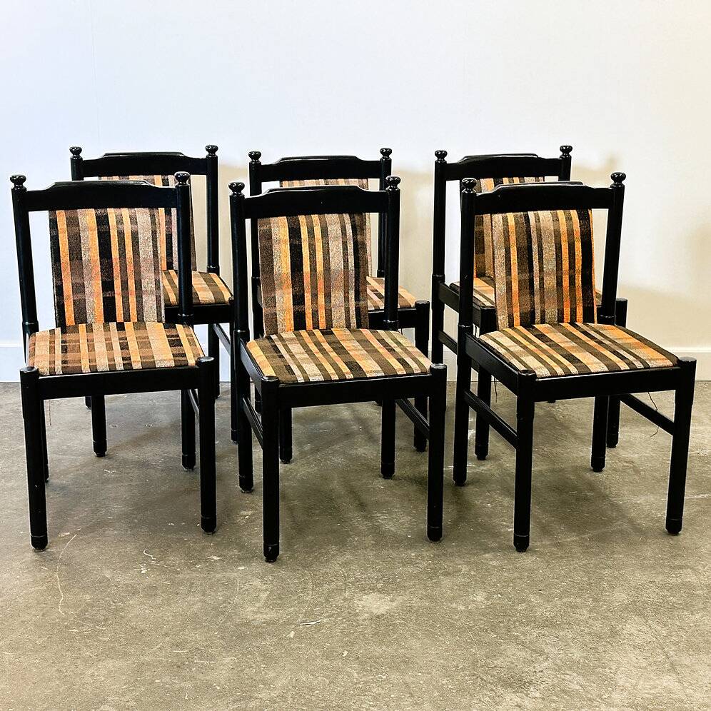 Set of 6 black lacquered chairs with the original 1970s fabric.