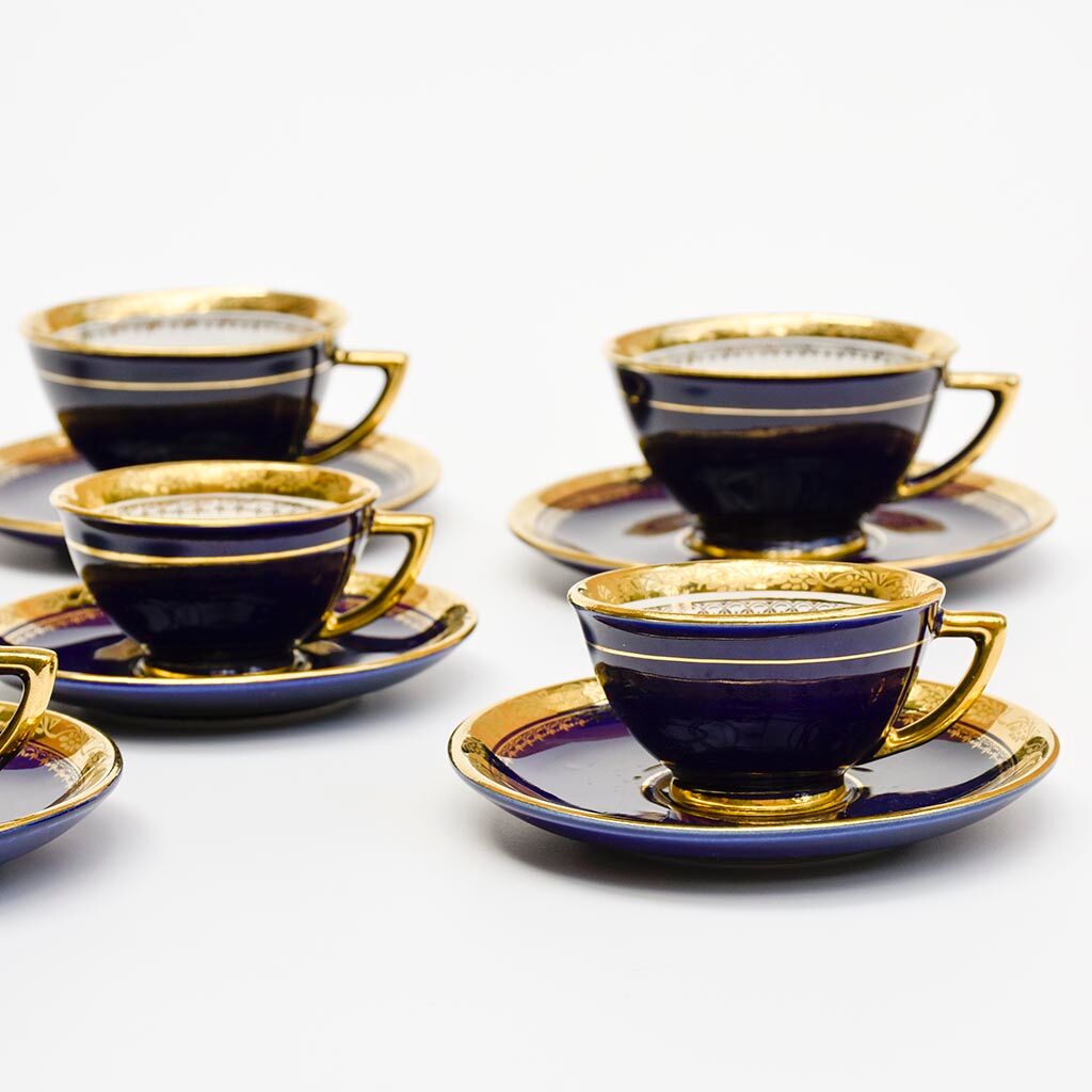 Coffee service Kréma Lafitte Asnières porcelain gold blue ⋆ Brocante Chic