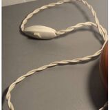 Lampe bois trompe l’œil, câble tissu, abat-jour