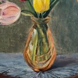 Tableau peinture ancienne huile sur panneau bouquet de fleurs tulipes