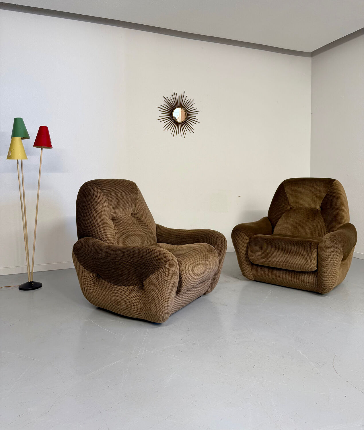 Lot of 2 cosy fabric armchairs, French design, vintage 1970s.