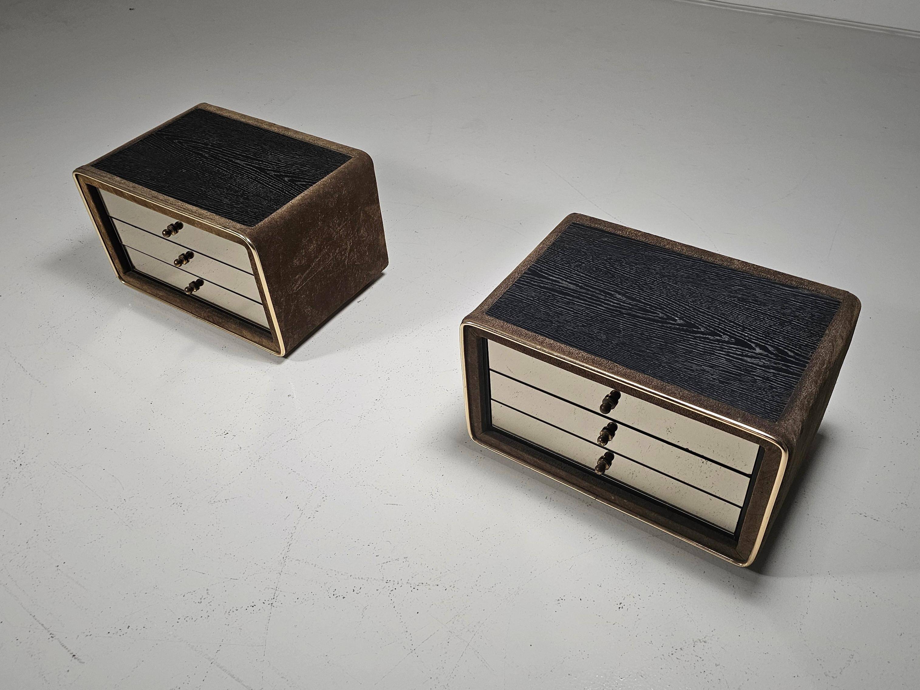 Pair of brass and suede bedside tables by RUF International, 1970.