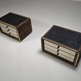 Pair of brass and suede bedside tables by RUF International, 1970.