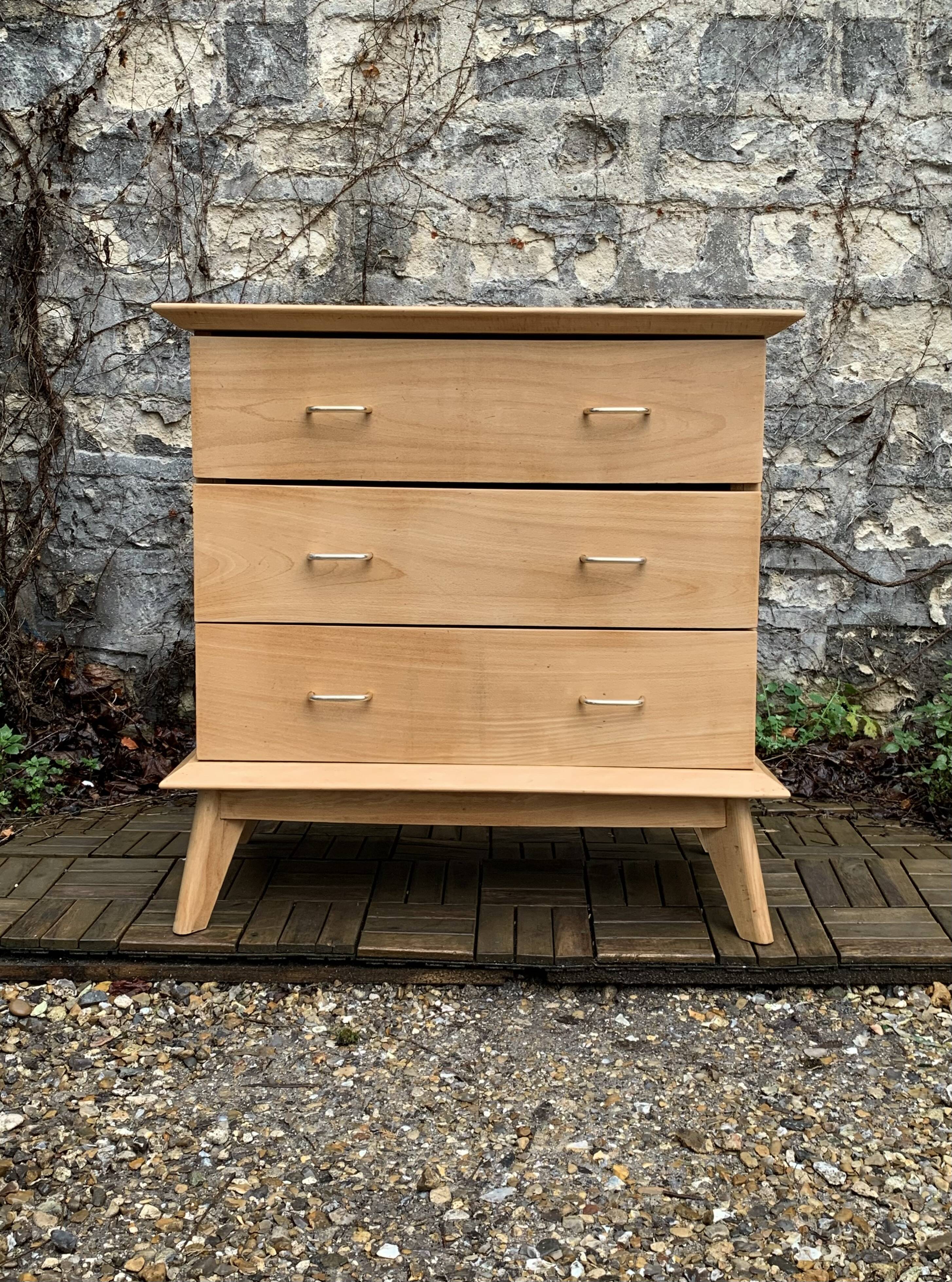 Vintage chest of drawers with compass feet, solid raw beech, 1960s