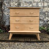 Vintage chest of drawers with compass feet, solid raw beech, 1960s