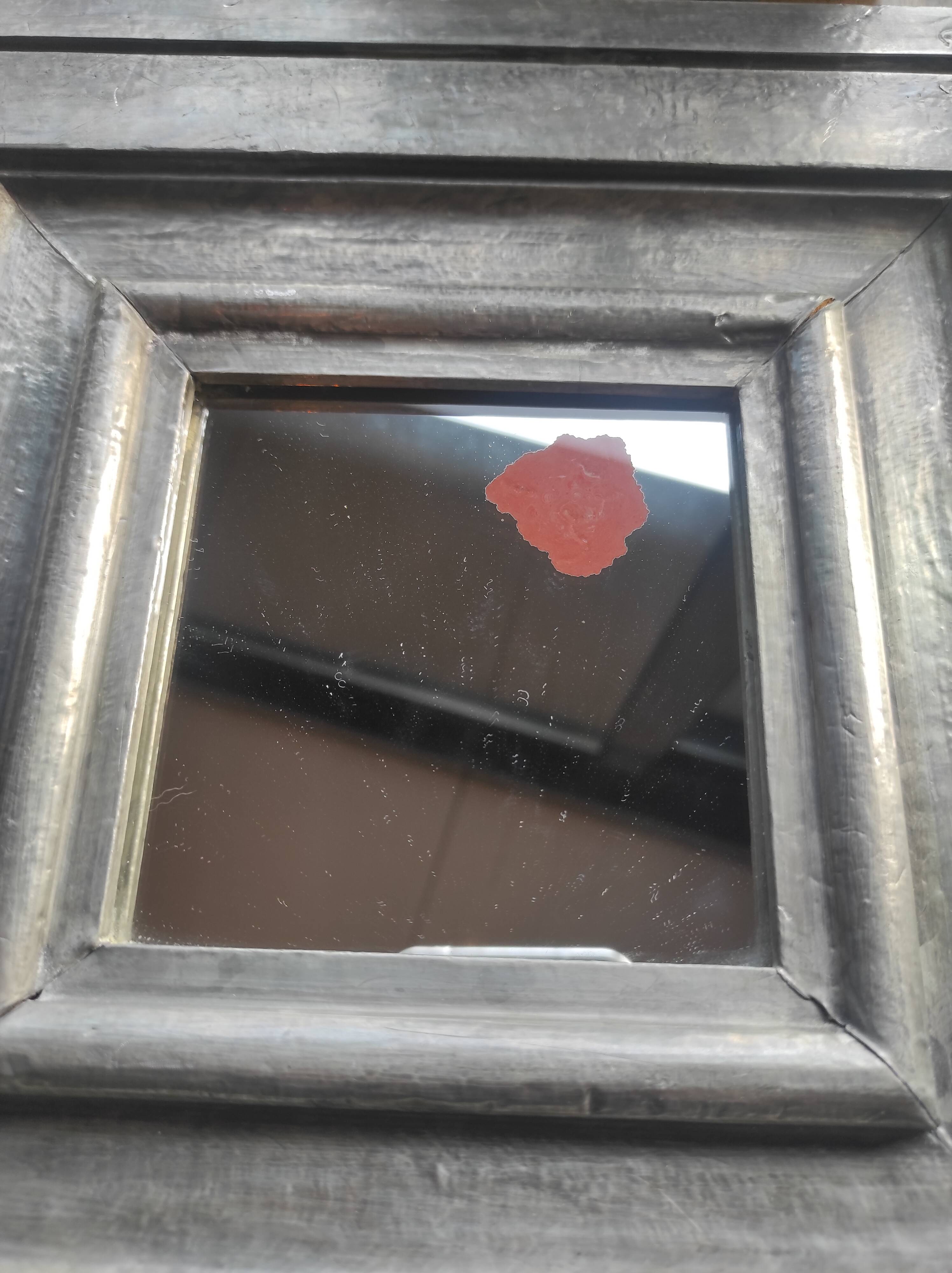Vintage square mirror in wood covered with metal leaf, moldings in relief