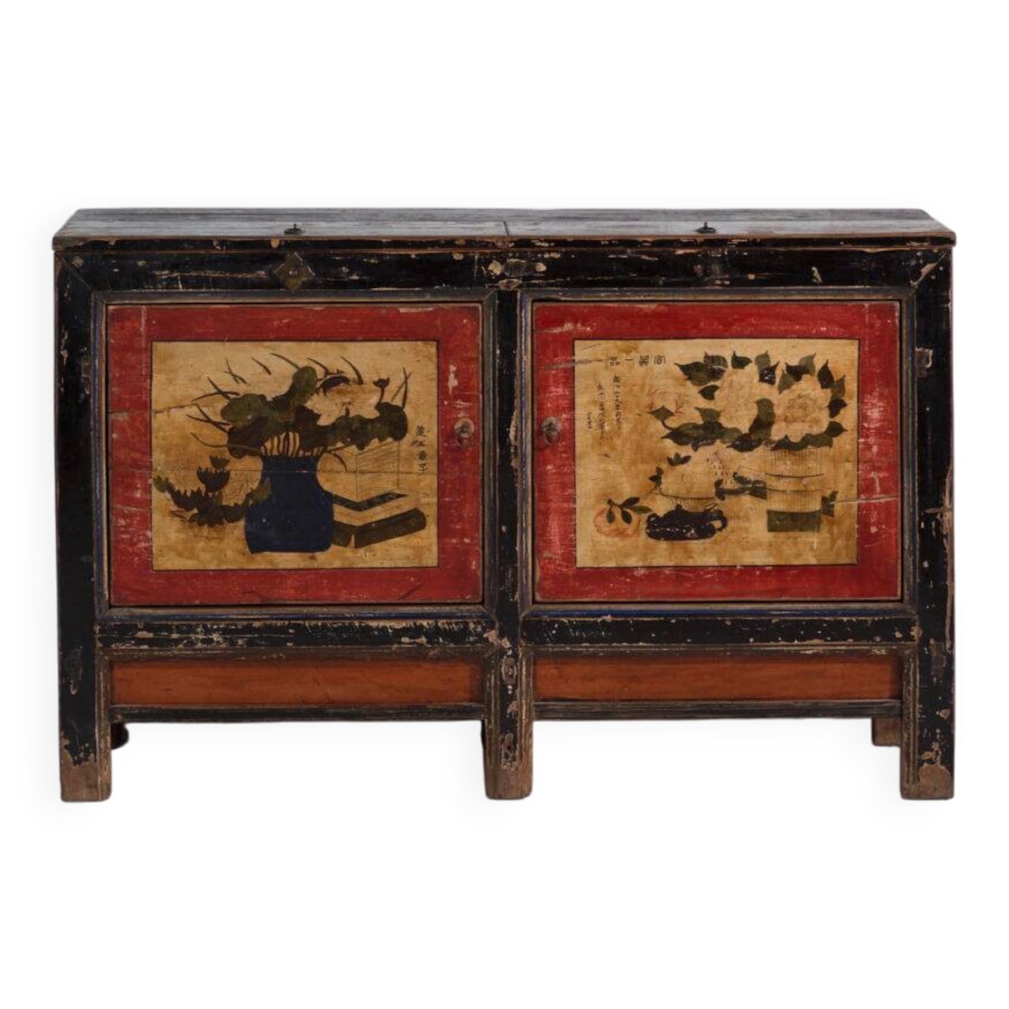 Buffet ancien en pin laqué à motifs peints de lotus – Chine, vers 1920