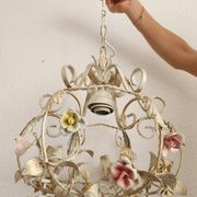 Hand-forged vintage pendant lamp with porcelain roses, Denz Neheim Hüsten