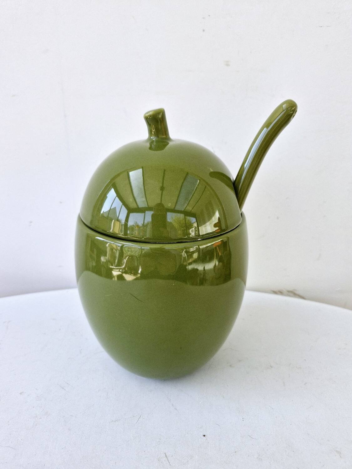 Pot a olives pickles avec cuillère céramique allemande vert asa