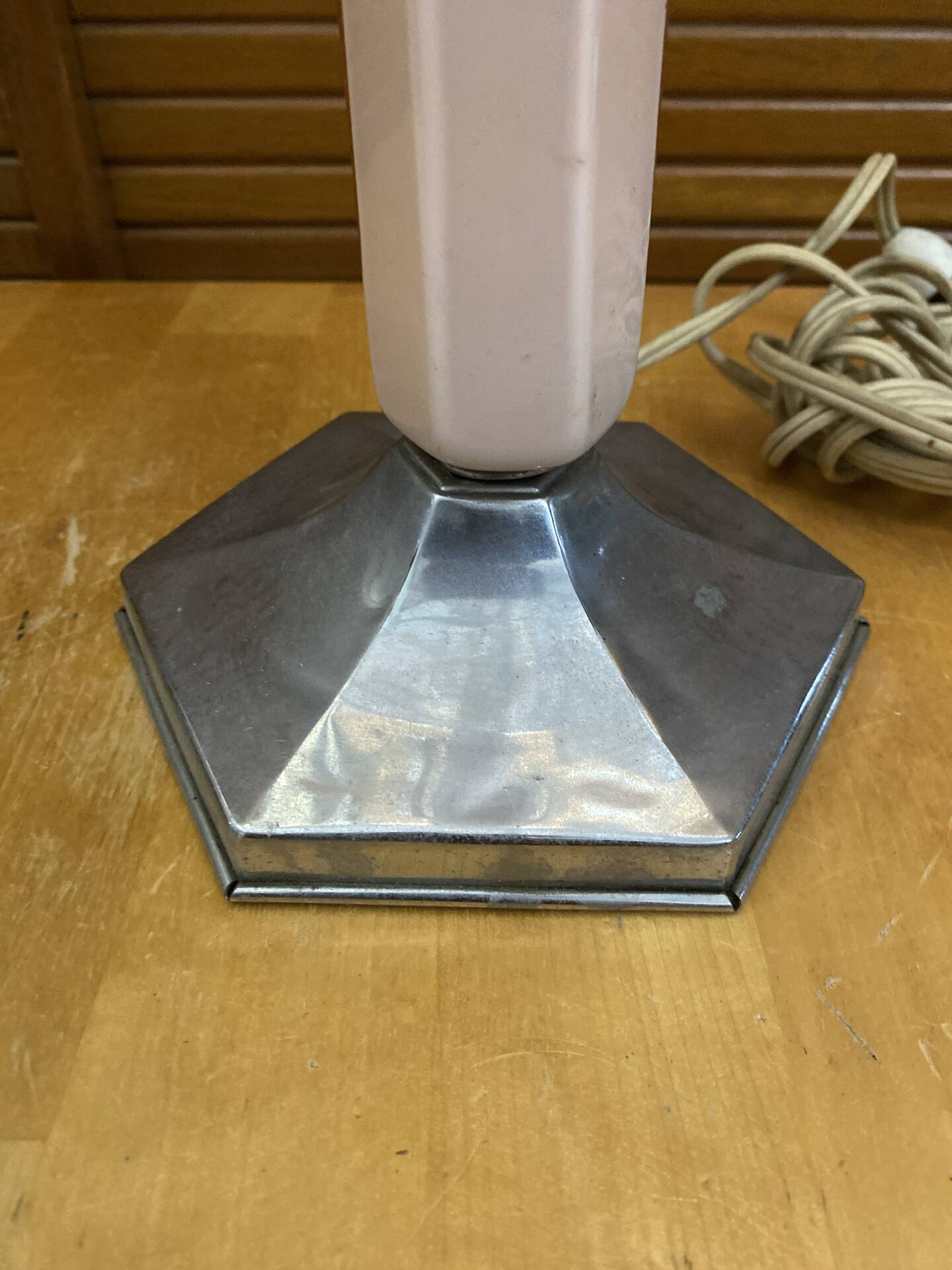 Old art deco hexagonal chrome metal lamp base + vintage pink glass