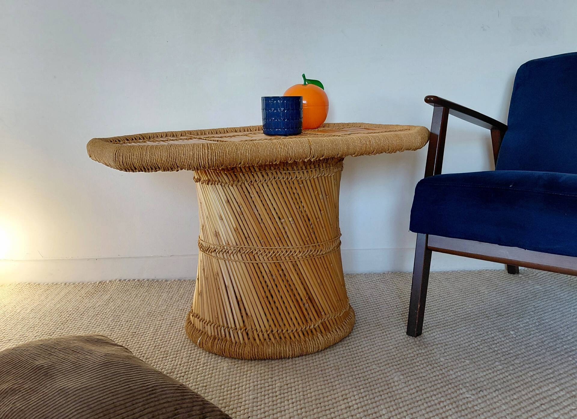 Vintage coffee table with braided cord in Audoux Minet bamboo style/1970s