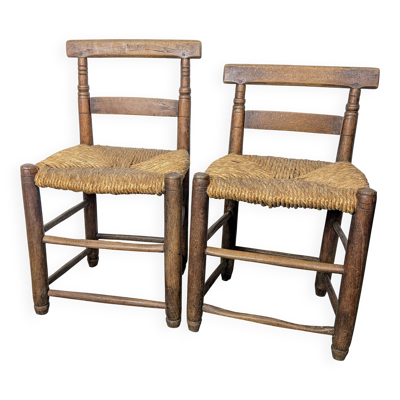 Paire de chaises de ferme en bois tourné et paille - XIXème
