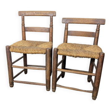 Paire de chaises de ferme en bois tourné et paille - XIXème