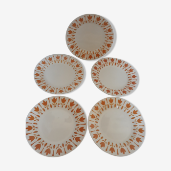 Set 5 flat plates Sarreguemines "Lys" white/ochre lot no.2