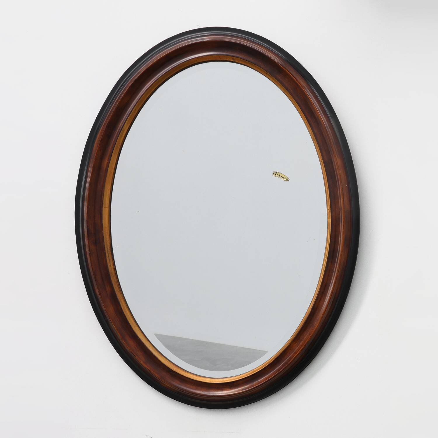 Deknudt Oval Wall Mirror with Walnut-Toned Frame and Gilt Inner Edge, Belgi