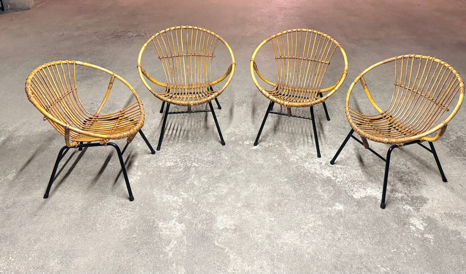 Set of 4 vintage 1950s/60s wicker rattan adult basket armchairs