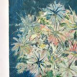 tableau / huile sur toile nature morte bouquet coloré années 50