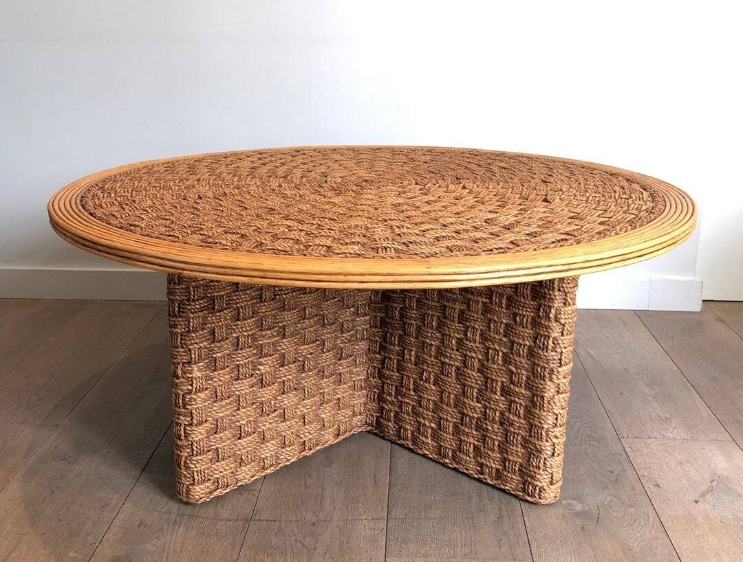Large Round Coffee Table in Rope and Wood, in the Style of Audoux-Minet, Fra