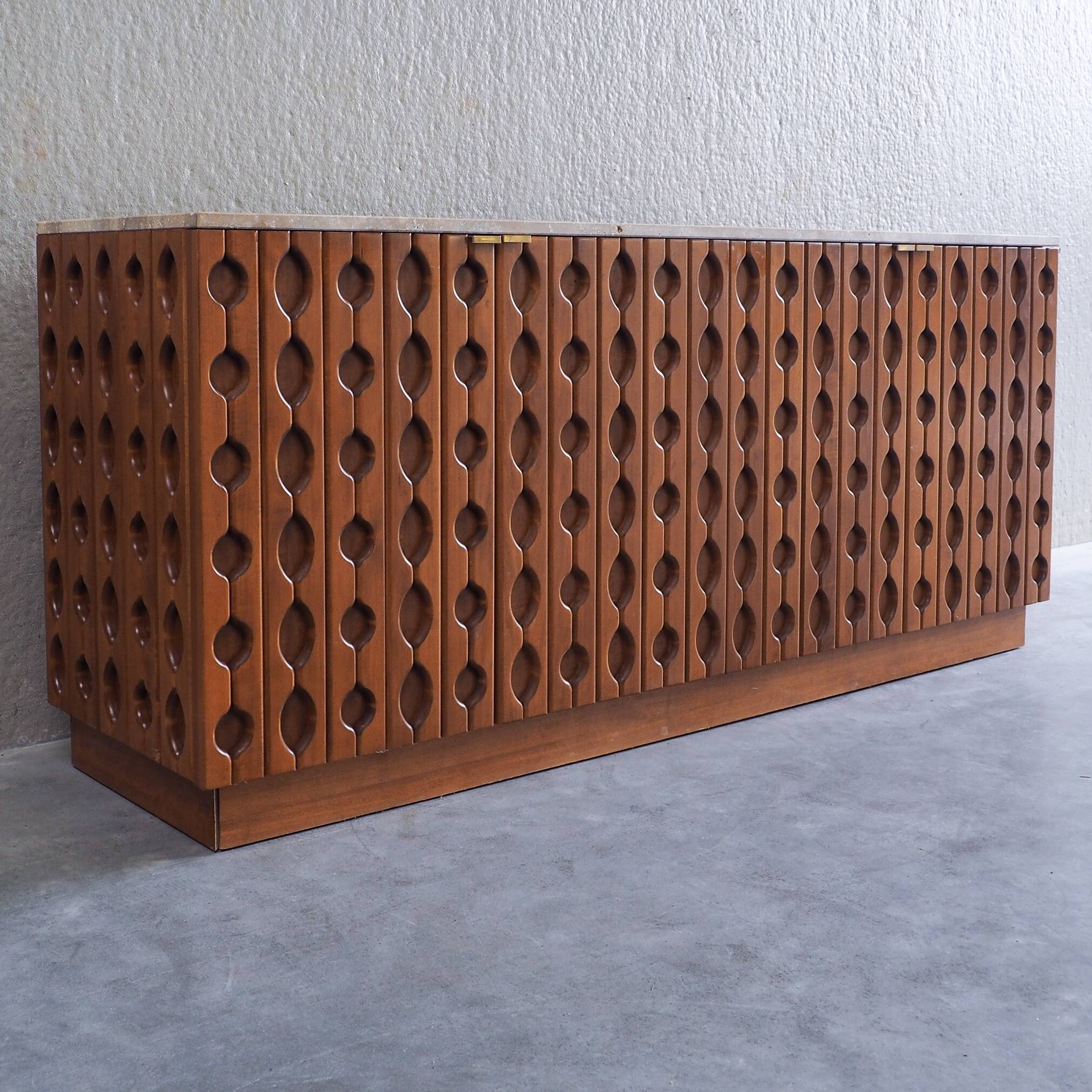 Contemporary Brutalist Carved Wood Sideboard With Travertine Top In review