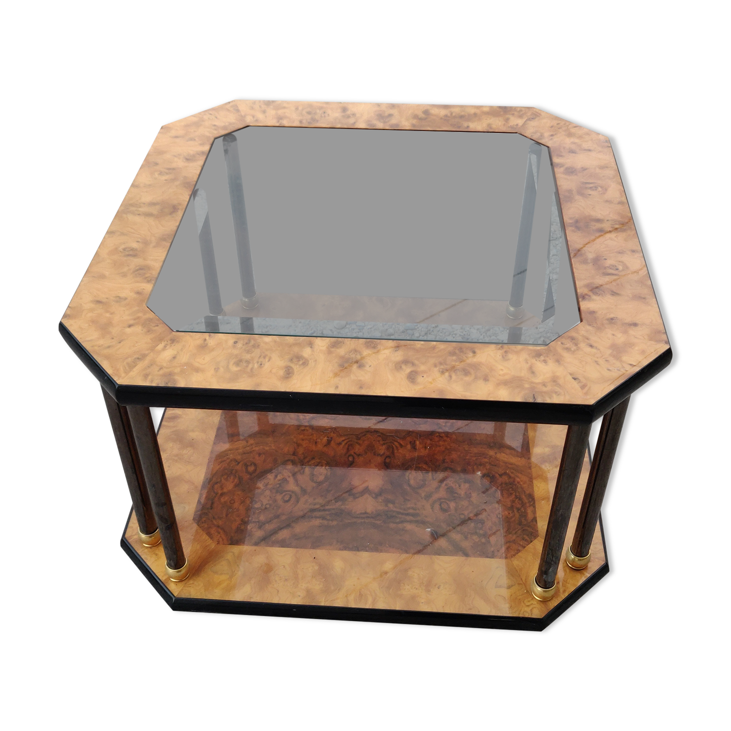Table basse en verre biseauté et loupe d'orme années 70