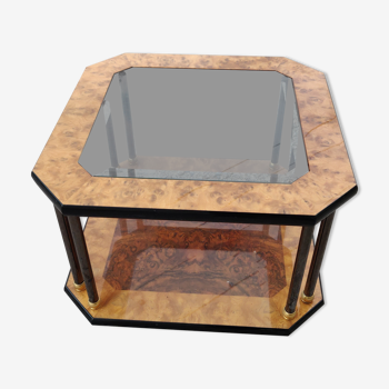 Coffee table in beveled glass and elm burl from the 70s