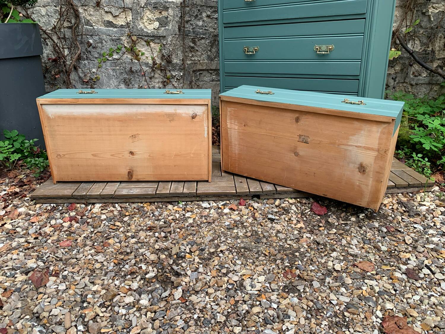 Old grey green high chest of drawers H160
