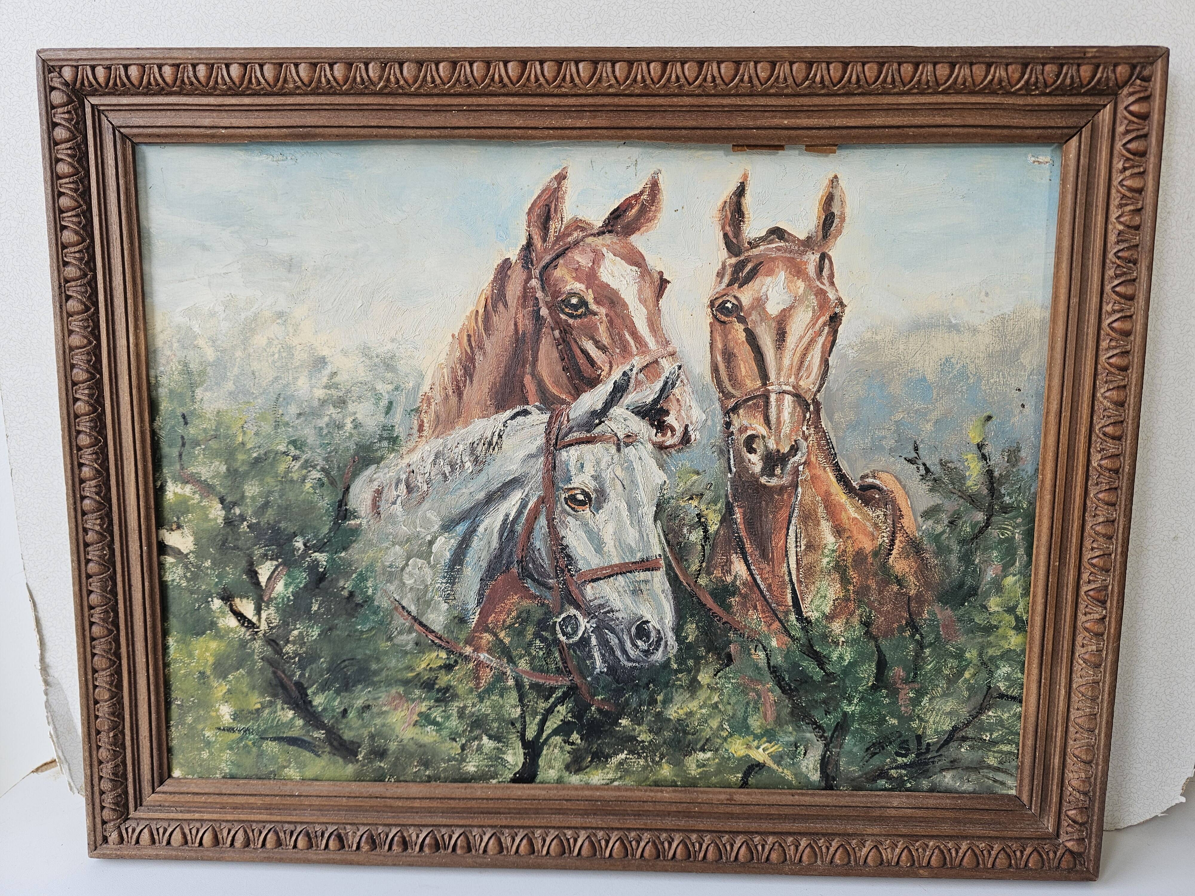 Oil painting on hardboard - Horses Signed SL (Signature to be identified)