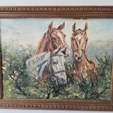 Oil painting on hardboard - Horses Signed SL (Signature to be identified)