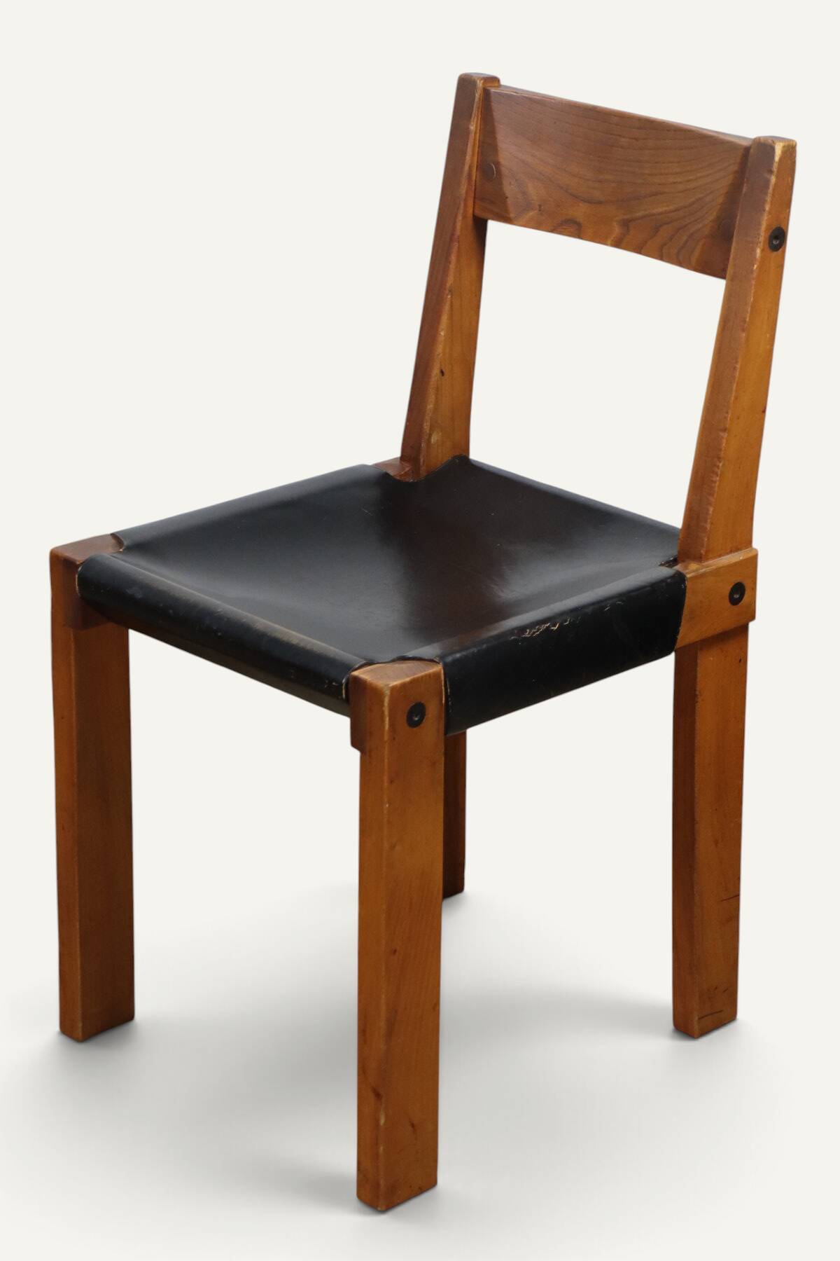 Set of 4 S24 chairs by Pierre Chapo – Solid elm and black leather – 1970