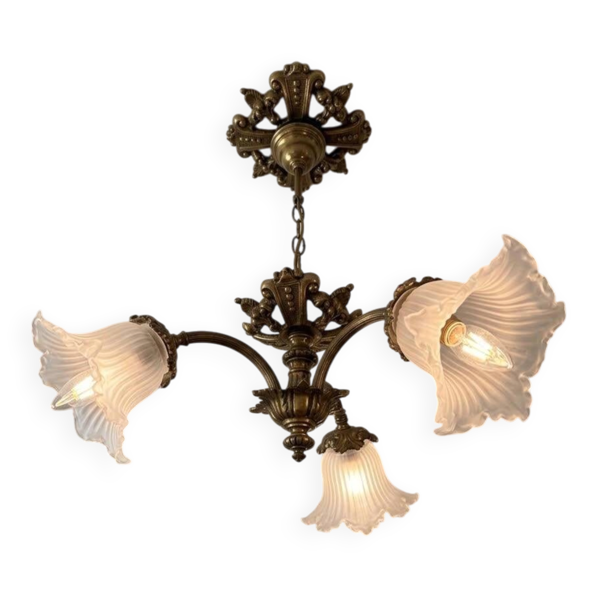 Antique Bronze Ceiling Chandelier with Fringed Glass Tulips, 3 Arms, Art Nouveau