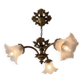 Ancien Lustre Plafonnier Bronze Tulipe Verrerie Frangés 3 Bras Art Nouveau