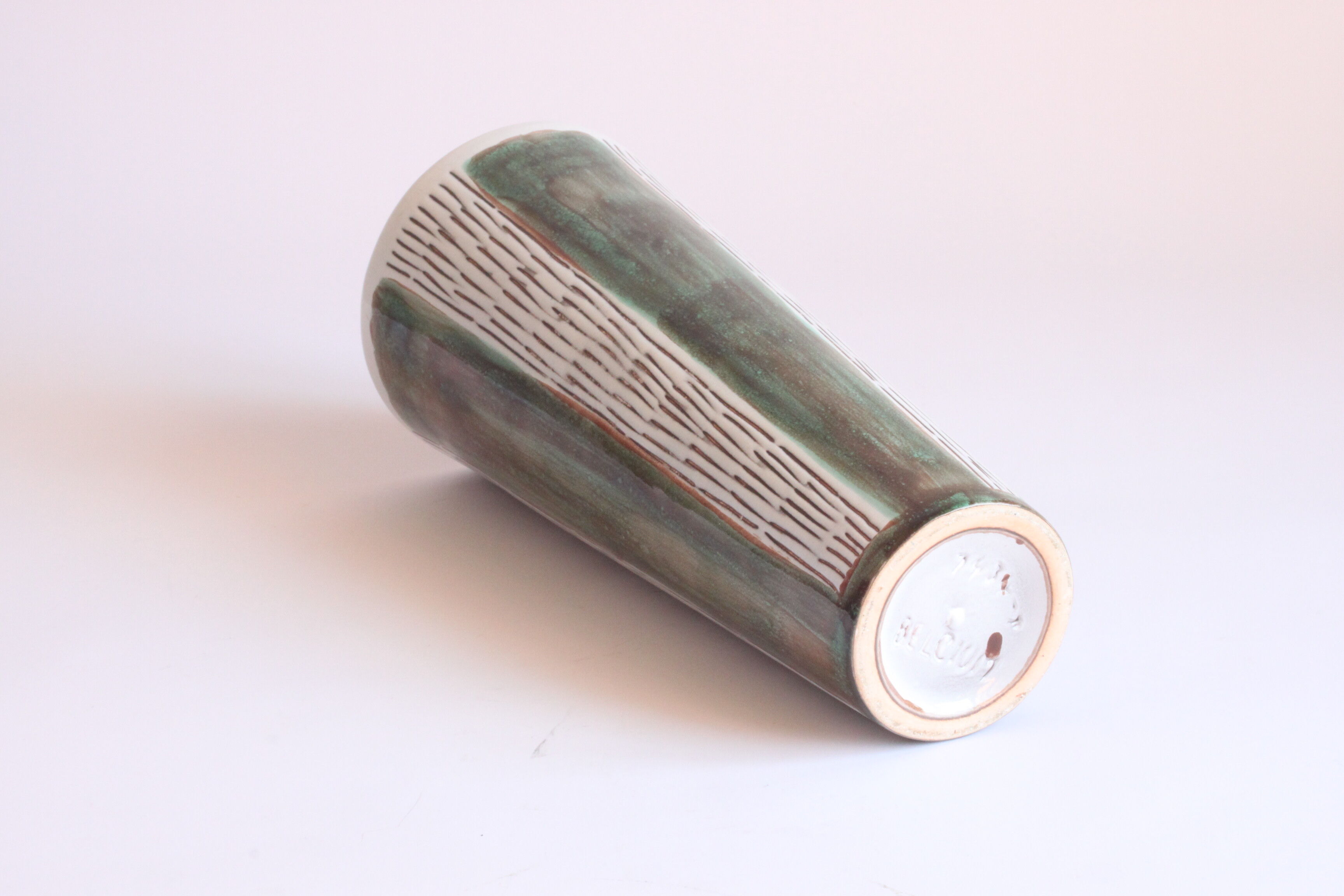 Striped green vase by Faiencerie Thulin, Belgium 1950s.