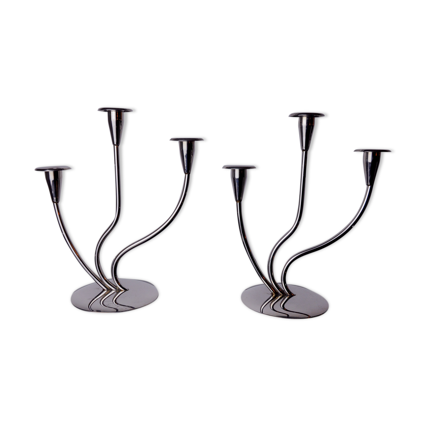 Pair of art deco candlesticks in stainless steel 3 flames, Spain, 1970