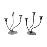 Pair of art deco candlesticks in stainless steel 3 flames, Spain, 1970