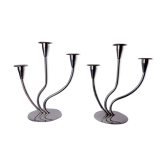 Paire de bougeoirs art déco en inox 3 flammes, espagne, 1970