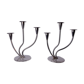 Pair of art deco candlesticks in stainless steel 3 flames, Spain, 1970