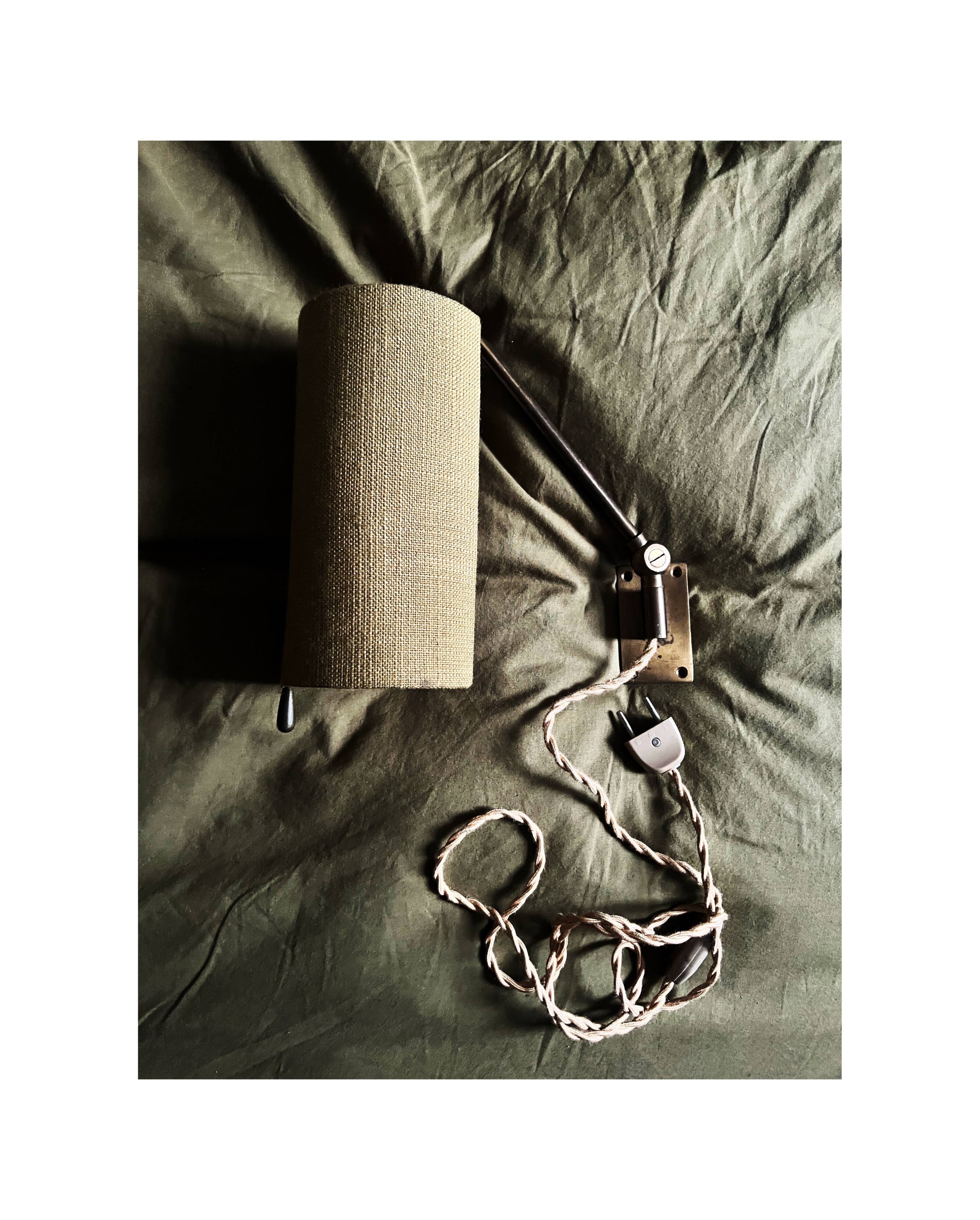 Wall sconce, brass bracket and khaki lampshade, France 1950