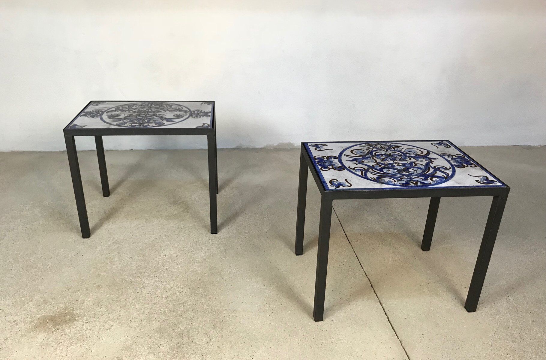 Italian ceramic tiles & steel side tables or nightstands, 1970s, set of 2