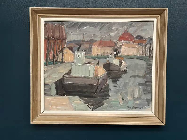 Original Swedish Oil on Canvas –“Harbour” by Georg Andersson – Signed – Vintage & Framed – 52 × 40 cm (20.4" x 15.7")