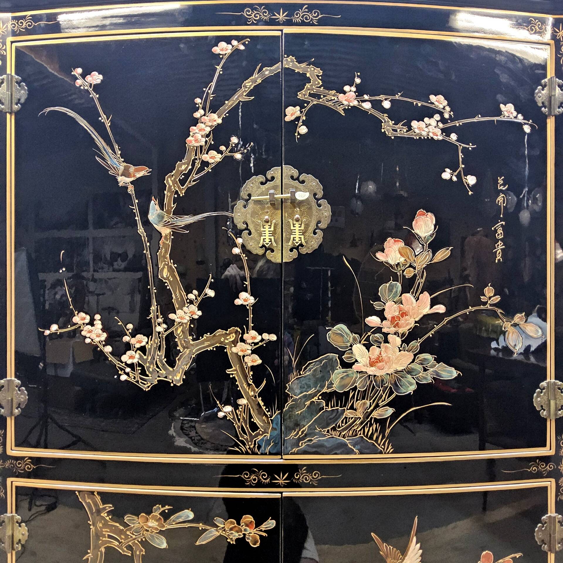 Vintage Chinese lacquer cabinet with black flowers and birds / bohemian
